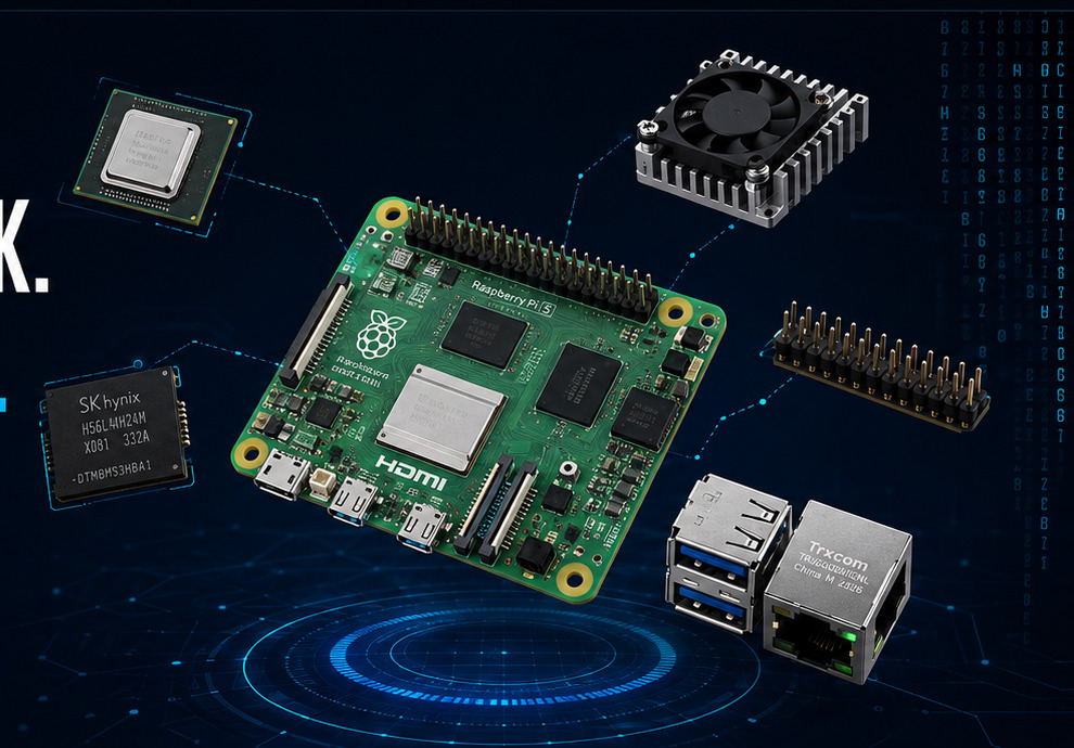 Raspberry Pi 5 with floating diagnostic components